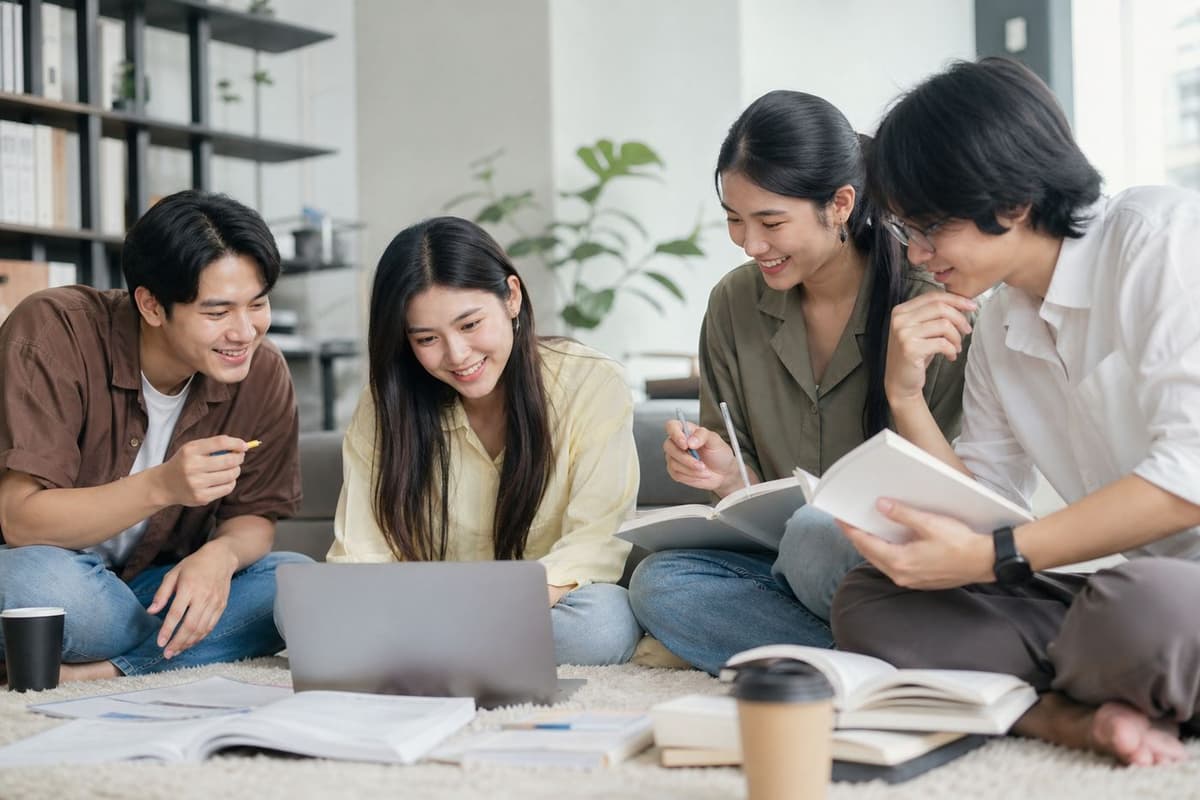Nhóm bạn trẻ châu Á học nhóm với sách và laptop